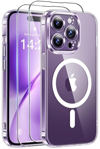 Qasyfanc Coque Magnétique pour iPhone 14 Pro Max Compatible avec MagSafe avec 2 Verre trempé Protection écran, Anti-Jaune Antichoc Caméra Protecteur pour iPhone 14 Pro Max-Transparente