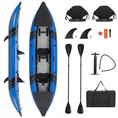 COSTWAY Set de Kayak Gonflable 2 Places, Canoë avec 2 Sièges Rembourrés et Repose-Pieds Réglables Pagaie en Aluminium Pompe à Main Sac de Transport, 381 x 94 x 40 cm, Charge 230 KG (Bleu)