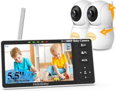 HelloBaby Moniteur Bébé avec 2 Caméras, Écran 5,5 Pouces, Vision HD 1080p, sans WiFi, Pan-Tilt-Zoom