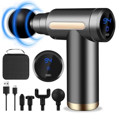 AQXONG Mini Pistolet de Massage Musculaire, Pistolet de Massage Ultra Silencieux, 6 Vitesses, 4 Têtes de Massage, l'Écran LCD, Masseurs Électriques Portables pour Soulager les Douleurs Musculaires