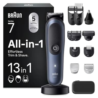 Braun Tondeuse Electrique Tout-En-Un Pour Hommes Series 7 AIO7565 Bleu, Kit 13-En-1 Avec Lame ProBlade et 7 Sabots, Coffret De Rasage Avec Accessoires, Conçue Pour Raser Barbe, Cheveux et Corps