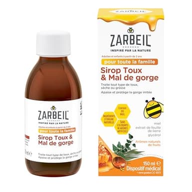 Zarbeil, Sirop Toux & Mal de Gorge (flacon de 150 ml) – Sirop contre la toux avec miel, extrait de feuille de lierre et glycérol – Dispositif médical pour toute la famille, à partir de 2 ans