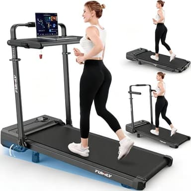 Tapis de Course Pliable Inclinable avec Bureau, Tapis de Marche Inclinaison 9%, avec Barre, Capacité 136 kg+, Bureau Réglable en Hauteur et Amovible, Compact, Moteur 3,5 CV, pour Maison/Bureau