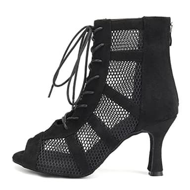 AOQUNFS Bottines de Danse Latine Femme Talon Haut Lacets Bottes de Salon pour Salsa Bachata Tango Samba Pratique et Performance,L446-Noir-8.5,EU38