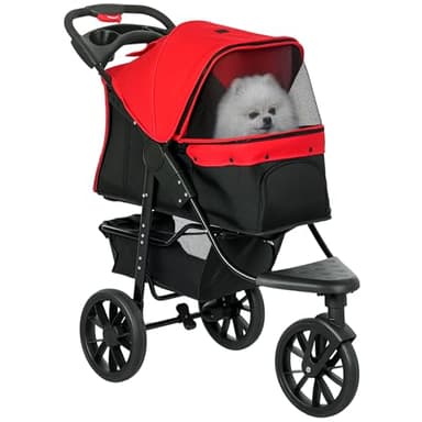 PawHut Poussette pour chien 3 roues tout-terrain EVA 12" - chariot pliable jusqu'à 25 kg avec frein, auvent ajustable, 2 laisses et porte-gobelet - transport pour petit chien et animaux agés, rouge