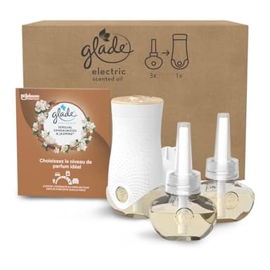 Glade Electric Scented Oil Diffuseur Réglable - Infusé Aux Huiles Essentielles - Jusqu'à 120 Jours De Parfum - Sensual Sandalwood & Jasmine - 1 Diffuseur + 3 Recharges