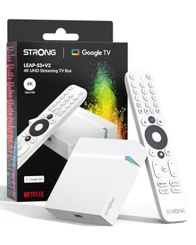STRONG Leap-S3+V2 Streaming Box Google TV 4K UHD avec Port Ethernet, 2GB RAM + 16GB Stockage, WiFi 5, Assistant Google Vocal, HDR10+, Dolby Atmos & Dolby Vision, Blanche
