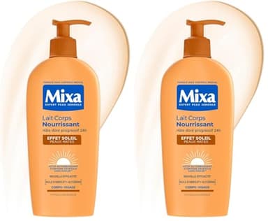 MIXA - Lait Corps Nourrissant Effet Soleil - Autobronzant Progressif & Nutrition - Beurre de Karité & Huile d’Abricot - Peaux Mates - 250ml (Lot de 2)