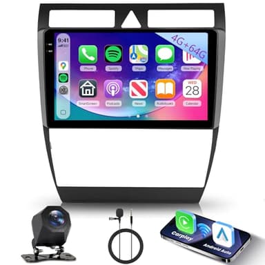 Hodozzy 4GB+64GB Autoradio pour Audi A6 C5 1997-2004 S6 1999-2004 RS6 2002-2006 Android Incell Écran Tactile 9 Pouces GPS Carplay Android Auto sans Fil, Radio 2 Din Bluetooth DSP WiFi FM RDS Caméra