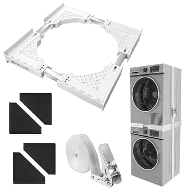 Zanfqvo Kit Superposition Lave Linge Seche Linge Universel avec Corde à Cliquet (45-70 cm) | Support Machine a Laver Seche Linge avec 8 tapis anti vibration, Peu Encombrant