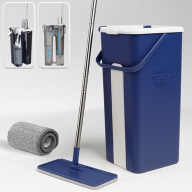 STARLYF Kit Balai Serpillère & Seau Essoreur Autoclean Mop, Le système Lave-Sol Auto nettoyant, Auto séchant, Balai Microfibre Plat avec Manche en INOX, Seau Double Compartiment