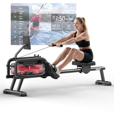 Neezee Rameur pour la maison, rameur d'eau avec moniteur LCD professionnel et support de tablette, rameur avec application Kinomap immersive expérience d'aviron, charge maximale 160 kg