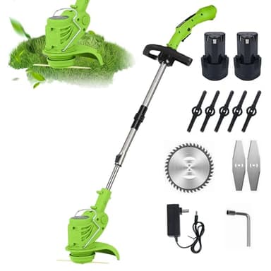 Tondeuse à Gazon sans Fil 21V, Légère (1.2kg) avec Manche Télescopique - 3 Lames Incluses - Silencieuse & Antivrillage - pour Jardin, Allées & Petites Pelouses (2 Batteries)