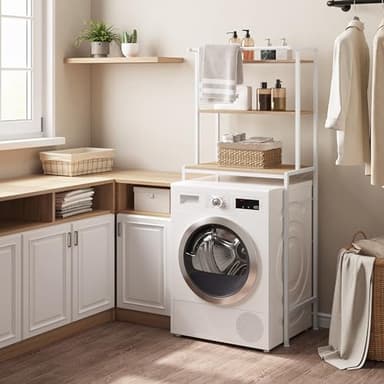 EUGAD Meuble Machine à Laver, Meuble Dessus WC, à 3 Niveaux, avec Barre de Suspension, Chêne Clair + Blanc, 67x40x162cm