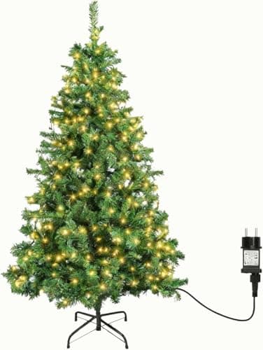 Aigostar Sapin de Noël Artificiel 180 cm avec Guirlande Lumineuse LED 18 M，8 Modes d'Éclairage，300 LED Lumières Blanche Chaude，450 Branches， Inclus Support en Métal， Décoration de Noël， Vert