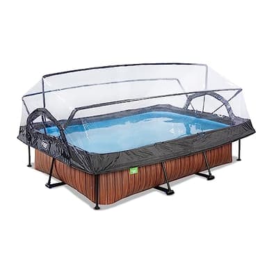 EXIT TOYS Piscine en Bois avec Couvercle Multifonctionnel - 300x200x65cm - Piscine Rectangulaire à Cadre Compact avec Pompe à Filtre à Cartouche - pour Une Eau de Piscine Propre et Chaude - Marron