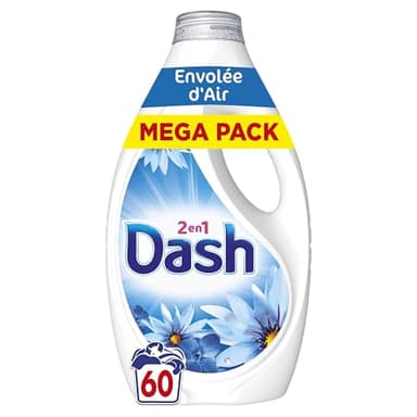 Dash 2en1 Lessive Liquide Envolée d'Air, 60 Lavages, 3 Semaines de Fraîcheur, Avec Lenor, Parfum Brise Marine et Fleurs Fraîches, Nettoyage en Profondeur, Fabriquée en France