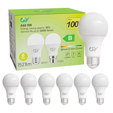 GY Ampoule LED E27 Classe B, 8 W (équivalent 100W),1521 lumens 3000K Blanc Chaud,A60 Ampoules E27 LED Efficacité Energétiqu,Non-Dimmable, 6 Unité (Lot de 1)