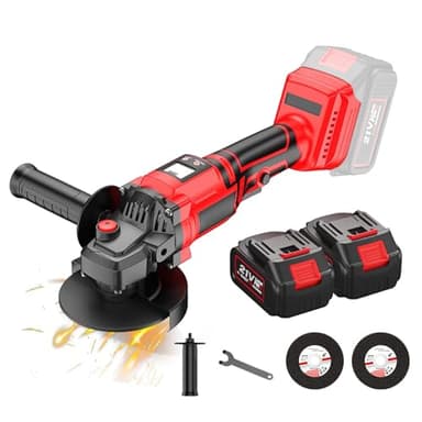 Meuleuse D'angle sans fil 21V, Meuleuse D'angle 115 mm, 1000W Disqueuse avec 12000RPM,3 Vitesses avec 2 Batteries et Affichage de la Batterie,2 Disques de Coupe pour Couper, Polir et Poncer (Rouge)