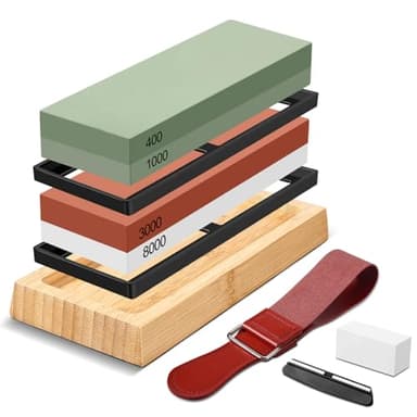 Acsatont Pierre à Aiguiser 400 1000 3000 8000 de couteaux affutage à affuteur professionnel, avec Base en Bambou Antidérapante Pierre à Aplatir Guide d'angle Lanière en Cuir