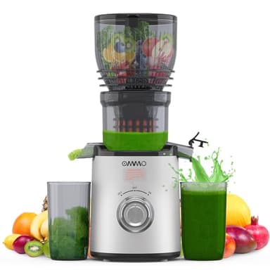 OMMO Slow Juicer, 300W Extracteur de Jus de Fruits et Légumes avec Goulotte de 148 mm, Machine à Jus électrique Facile à Nettoyer avec 2 Tasses PC, Sans BPA, Argent