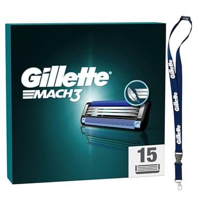 Gillette Lot De 15 Recharges De Lames De Rasoir Homme Mach 3, AUTHENTIQUES, Pack De Cartouches Avec Un Porte-clés, Tête De Rechange A 3 Lames Affutées et Bande Lubrifiante Pour Un Rasage Confortable