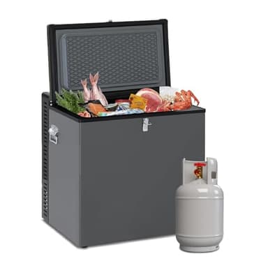 Techomey Congélateur Trimixte, 70L, Congélateur 12V 220V, Congélateur à Gaz, Congélateur Camping pour Garage, Maison, Chalet, Cabanon,Gîte, Mobile-home, Noir