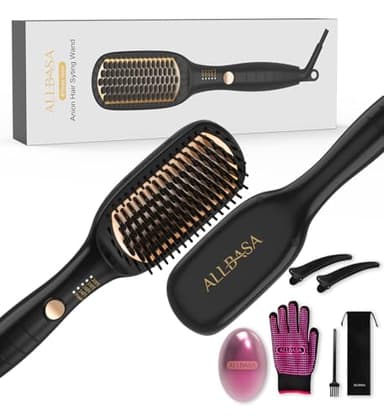 ALLBASA Lisseur Cheveux Professionnel Brosse Lissante Pour Cheveux, 4 Température Réglages, 140℃-200℃, Fers à Lisser Négatifs Ions,Tous Types de Cheveux (Or, Brosse Lissante)