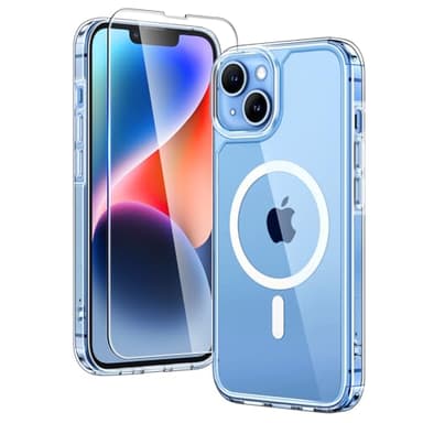 TAURI Coque Magnétique pour iPhone 13/iPhone 14 avec Protection écran, [Compatible avec MagSafe] Protection Anti-Choc Mince et Anti-Chute - Transparent