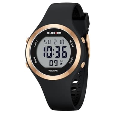 GOLDEN HOUR Montre de sport étanche pour femme avec chronographe numérique et bracelet en silicone, noir, Moderne