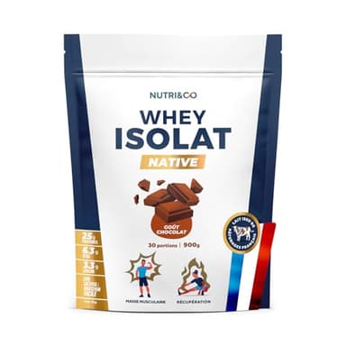 NUTRI & CO Whey Isolate Native - Jusqu’à 94% de Protéines - Pur Lait Français Low Lactose Digestion Facile - Riche en BCAA - Prise de Masse & Musculation - 900gr 30 portions goût Chocolat