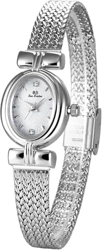 ALANTOP Montre bracelet vintage de luxe pour femme - Petite montre à quartz ovale - Bracelet en maille avec outils inclus, Argenté.