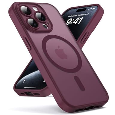 Oududianzi-Coque pour iPhone 15 Pro Max Compatible avec MagSafe Magnétique, Housse de Arrière Translucide Givrée PC, TPU Silicone Bumper Étui Protection Antichoc Militaire Anti-Empreintes-Bordeaux