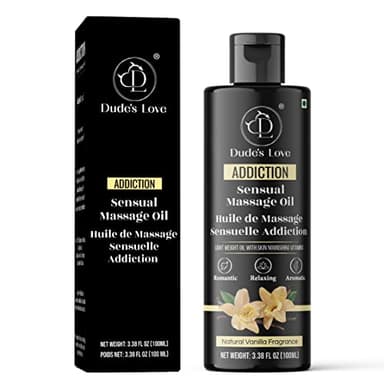 Dude's Love Addiction - Huile de massage sensuelle à la vanille - Soulagement du stress et stimulation | Mélange d'huiles comestibles à la vanille naturelle et au jasmin | Pour hommes et femmes -100ml