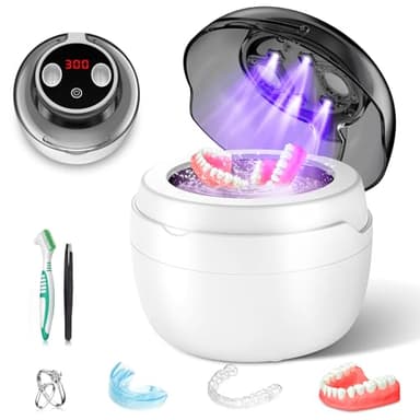 Nettoyeur Ultrasons, Orealla 50000Hz Nettoyeur Gouttiere Dentaire avec Lampe UV automatique, Dental Pod Ultrasonic Cleaner avec 4 Réglages de Temps, pour Prothèses Dentaires, Protège - Dents, Bijoux