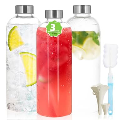 BBWELL Lot de 3 Bouteille Verre 1L - Bouteille en Verre 1 Litre avec Couvercles Hermétiques et Brosse de Nettoyage -Gourde Verre Étanche pour Jus,Boissons,Smoothie,Café,Étanche,Transparent