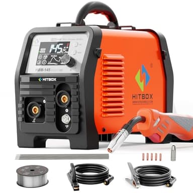 HITBOX Poste à Souder MIG Portable 145A | Machine à Souder 4 en 1 Sans Gaz 240V | MIG/ARC/TIG par Contact/Pistoleur | Onduleur Numérique avec Écran LCD pour Soudure Fil Fourré et Fil Plein(HBM145)