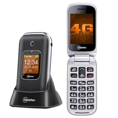 Melefon Téléphone portable à rabat 4G pour personnes âgées, grand bouton, volume plus fort, écran de 2,4 + 1,44", débloqué sans SIM, bouton SOS, USB de type C, station de charge
