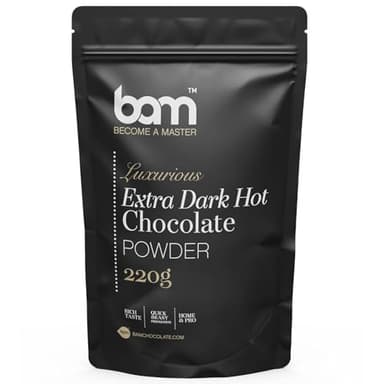 BAM Chocolat en Poudre – Préparation pour Chocolat Chaud Crémeux en Poudre, Avec Cuillère Doseuse – 220g, 7 Tasses, Noir Intense
