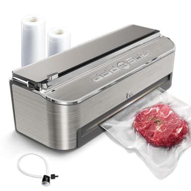 Mesliese 85 kPa 120 W Machine Sous Vide Alimentaire, Système D'étanchéité Puissant, Cutter Intégré, Rangement de Sacs, Mode Humide et Tuyau D'aspiration D'air, 2 Rouleaux de Sac (Acier inoxydable)