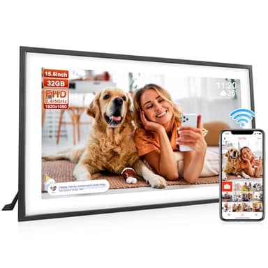 Frameo Grand cadre photo numérique 15,6" avec 32 Go, écran tactile IPS HD 1920 x 1080, montage sur table et mural, anniversaire, mariage, cadeaux pour homme/femme/couples/père/maman/grands-parents