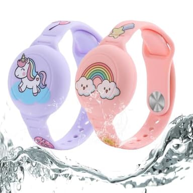 LIUYIDM Bracelet Enfant pour Airtag Étanche 2 Pièces, Tracker GPS en Silicone, Anti-Rayures GPS Bracelet Airtag pour Enfants ou Adultes (Rose Arc-en-Ciel + Violet Cheval)