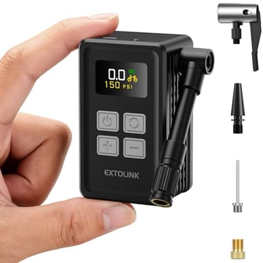 EXTOLINK Mini Pompe vélo Electrique, Max 150 PSI Pompe à vélo avec Manomètre numérique, 20-Sec Gonflage Mini compresseur Velo avec arrêt Automatique Trachée à 360° pour Velo Route, VTT