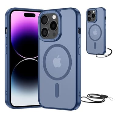 NEW'C Magnétique Coque pour iPhone 14 Pro Max (6,7 Pouces), Compatible avec MagSafe Antichoc Ultime avec Cordon – Magnétisme Puissant et Protection Militaire -Etui Translucide Mat - Bleu