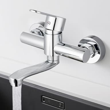 Robinet Mural Cuisine rotatif à 360° Robinet Evier 304 Inoxydable avec bec 15cm Eau Chaude et Froide, Trous de Montage Réglables Chromé