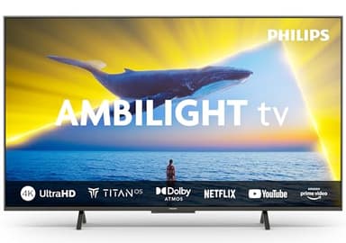 Philips Ambilight 43PUS8109 Smart TV LED 4K - Écran 43 Pouces avec Plate-Forme Pixel Precise Ultra HD, Titan OS et Son Dolby Atmos, Fonctionne avec l’Assistant Vocal Alexa et Google - Chrome satiné