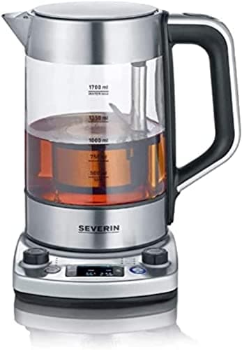 SEVERIN Bouilloire Eau & Thé en Verre Programmable, 1,7L, 3 000W, Levée Automatique du Filtre, Minuterie, Affichage LED, WK 3422