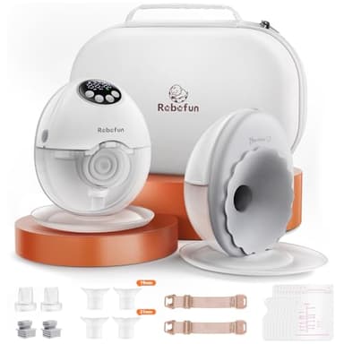 Robofun Lot de 2 Tire-laits Électriques Mains Libres – Double Pompe Silencieuse avec 4 Modes et 12 Niveaux d’aspiration, Fonction Anti-débordement Intelligente, avec Boîte de Rangement