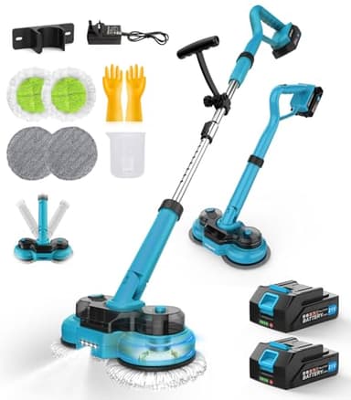 Vadrouille électrique sans Fil avec 2 batteries de 2000mAh, Serpillière Electrique avec Fonction de pulvérisation, Réservoir d'eau de 300 ML, éclairage LED, Nettoyeur Sol Essuyer sans Effort