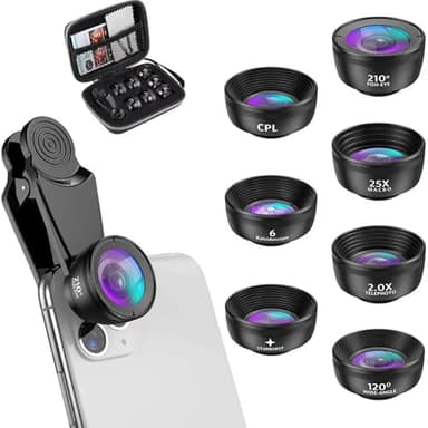 Textiluxe 7 en 1 Objectif Macro Smartphone, Objectif Fisheye 210° + Grand Angle 120° + Objectif Macro (25x) + Téléphoto, Kaléidoscope, Filtre CPL/Star pour Smartphone (Noir)